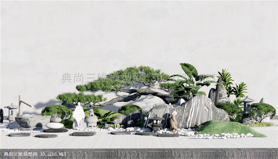 新中式庭院景观小品 枯山水庭院景观 禅意景观 石头 松树景观树 原创
