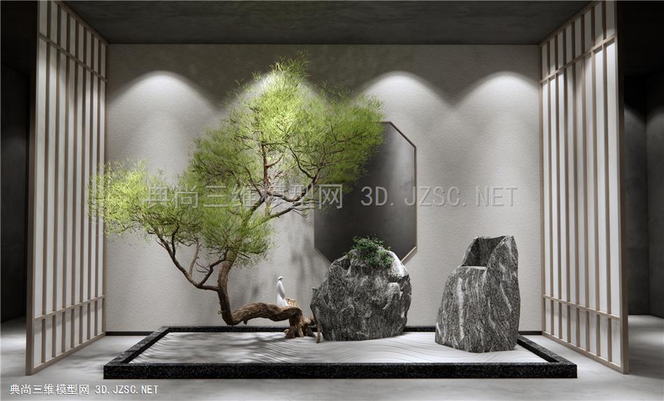 新中式石头松树景观小品 玄关景墙 屏风 原创