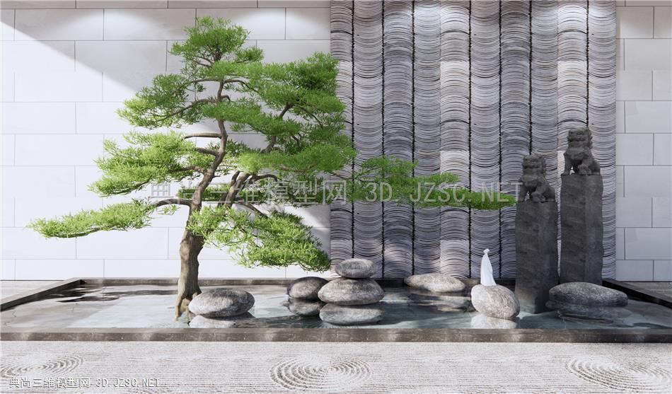 新中式石头水景 景墙庭院小品 枯山水石 迎客松景观树 原创