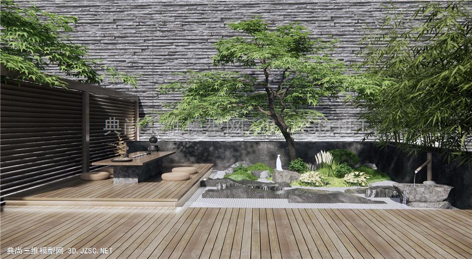 新中式枯山水庭院花园 户外茶桌椅 景观树 石头 原创