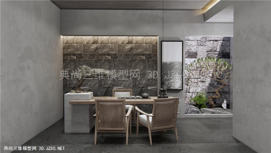 新中式茶室 茶桌椅 室内景观小品 茶台 盆栽 景观树 原创