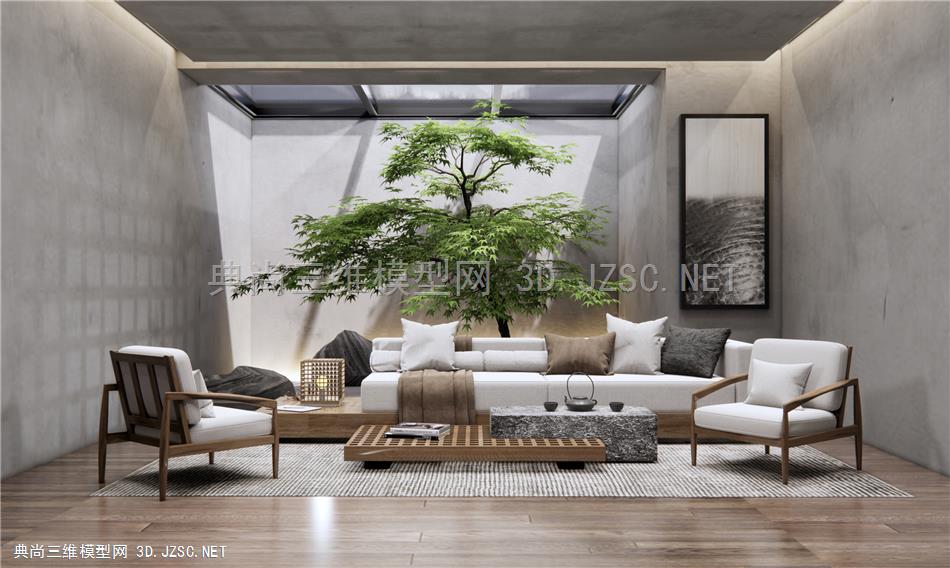 新中式沙发茶几组合 客厅沙发 室内景观小品 景观树 休闲椅 原创
