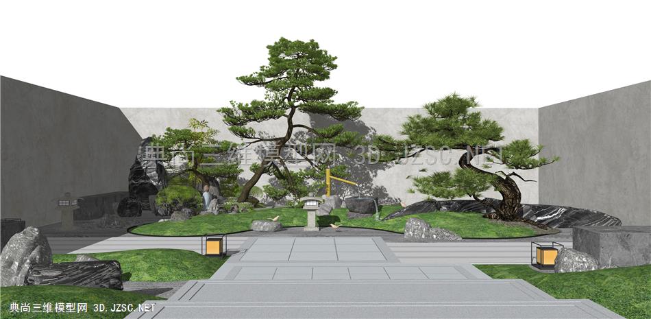 新中式庭院景观 枯山水景观小品 石头假山 景观树 原创
