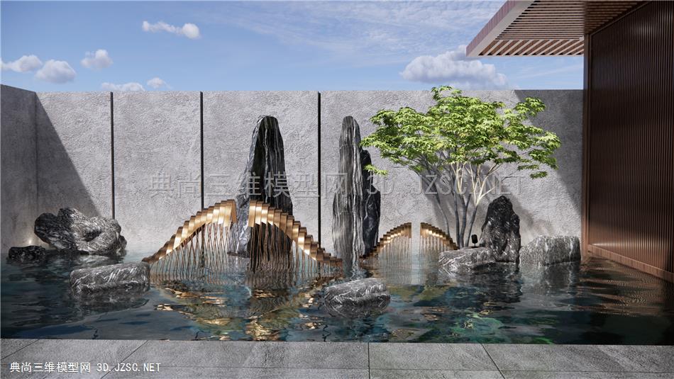 新中式假山水景 雕塑小品 庭院天井景观 石头 示范区景观 原创