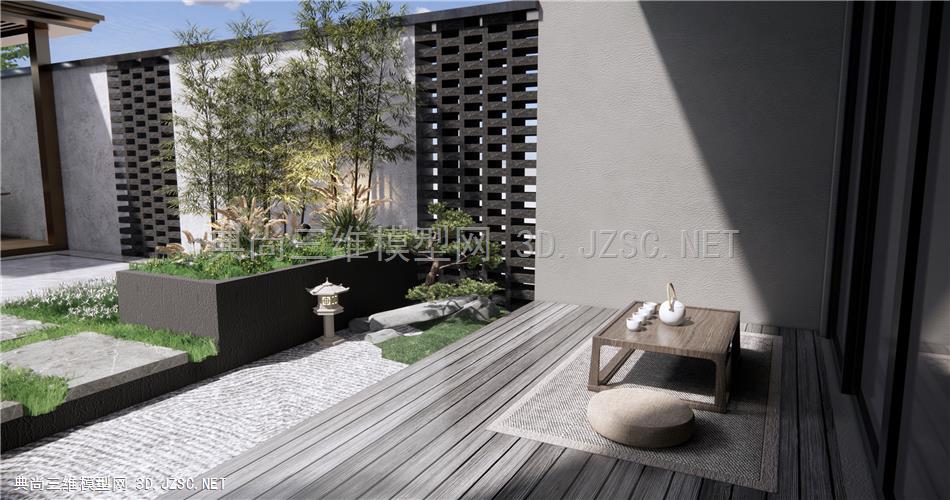 新中式庭院花园 露台景观 亭子 户外茶室 茶桌椅 花草植物 竹子 流水景墙