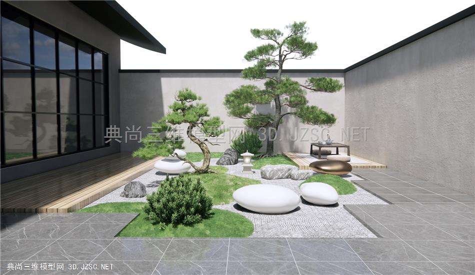新中式庭院景观 枯山石景观 雕塑小品 户外茶桌椅 景观松树