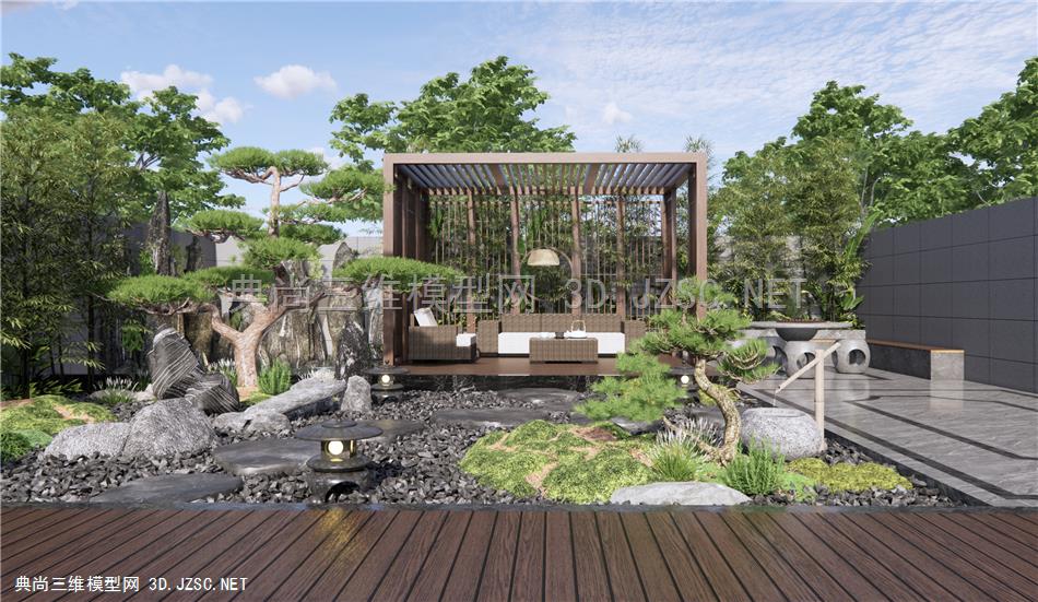 新中式庭院花园景观 假山水景 枯山石 亭子 松树 竹子 石桌 户外沙发