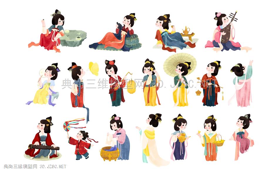 中式人物古代唐朝女人卡通Q版古风人物