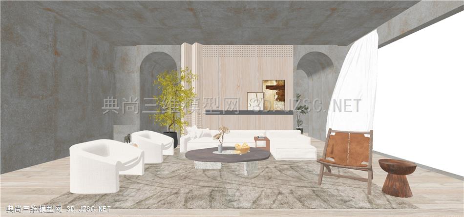 简约风客厅 3  沙发 异形茶几  沙发组合 侘寂风客厅 背景墙 绿植 半圆拱门 挂画 装饰品