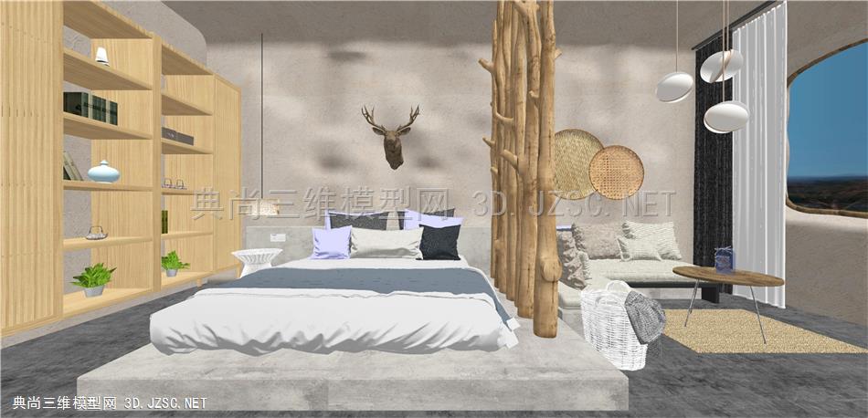 简约风卧室 8  侘寂风卧室 双人床 床头柜 台灯 沙发 植物 地毯 沙发 衣柜 民宿