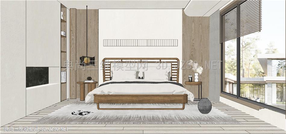 简约风卧室 13  侘寂风卧室 双人床 床头柜 台灯 沙发 植物 地毯 沙发 衣柜