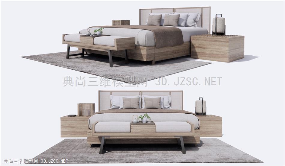 新中式布艺双人床 床尾凳 床头柜