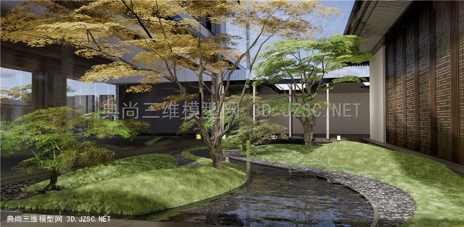 新中式庭院景观 示范区景观 雕塑小品 水景 景观树