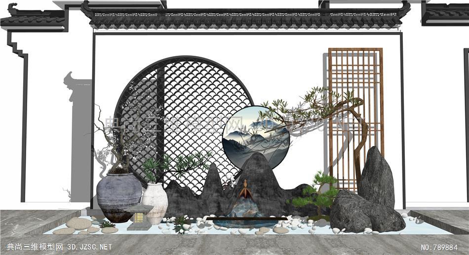 新中式庭院景观 枯山水 民宿禅意庭院 雕塑景墙 