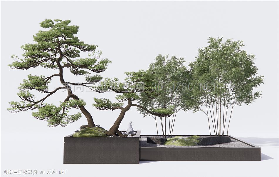 新中式竹子松树景观小品 庭院景观 假山石头