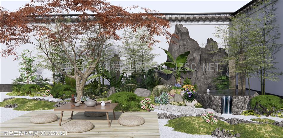 新中式庭院景观 假山水景 景观小品 植物灌木 茶桌椅 竹子 围墙 枯山石禅意庭院