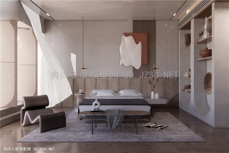 05-侘寂风卧室SU模型 双人床 床头柜 台灯 沙发 植物 地毯 沙发 衣柜 吊灯