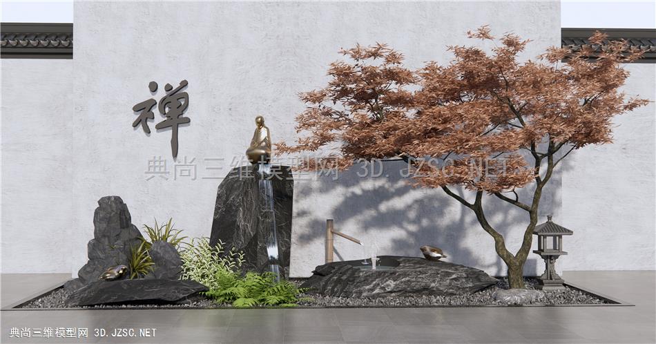 日式庭院景观小品 景观树 假山石头 跌水小品 景墙围墙