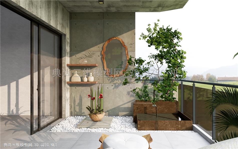 现代阳台花园庭院景观 露台 户外沙发 植物盆栽盆景 