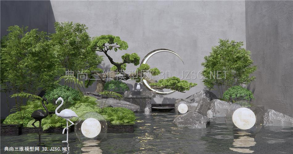 新中式庭院跌水小品 景观雕塑小品 景观石头 假山水景 植物景观 竹子 迎客松树