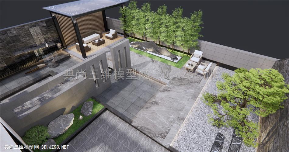 新中式庭院花园景观  景墙 跌水景观 石头 假山 亭子 户外休闲桌椅