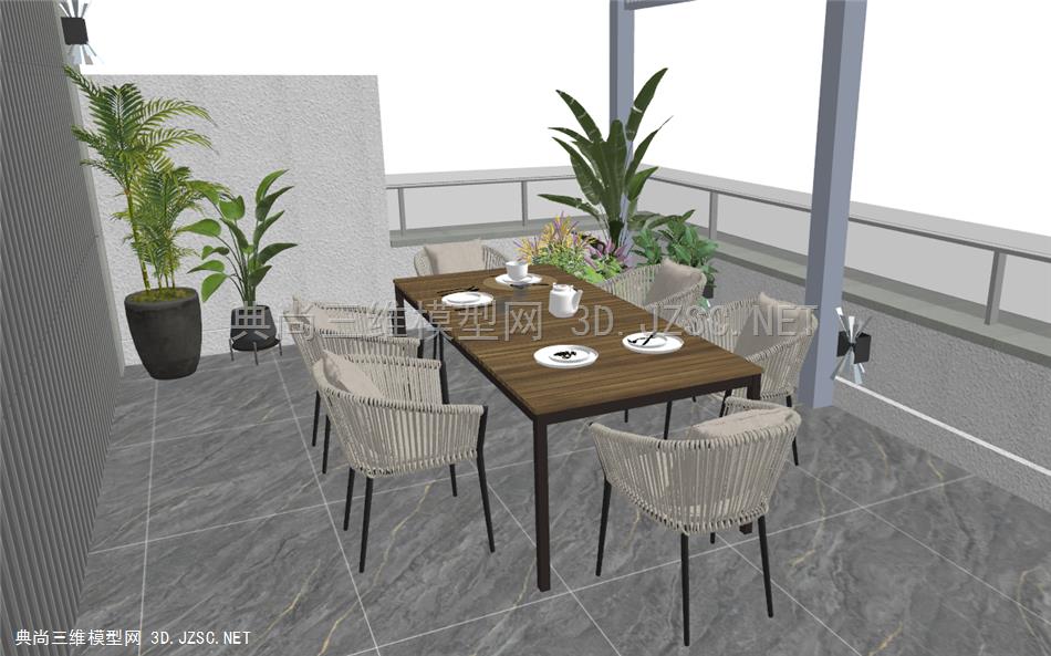 现代户外餐桌椅 休闲桌椅 露台景观 花园阳台 植物盆栽 ,植物，精细植物，楼台
