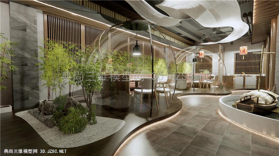 新中式中餐厅 火锅店 室内景观小品 植物景观 餐桌椅