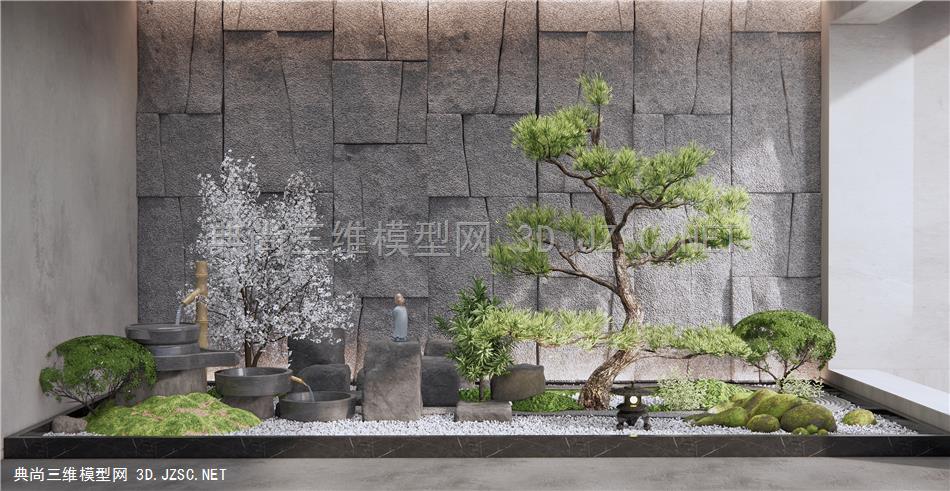 新中式庭院景观小品 室内景石松树景观 跌水小品 苔藓 植物景观 景墙石墙