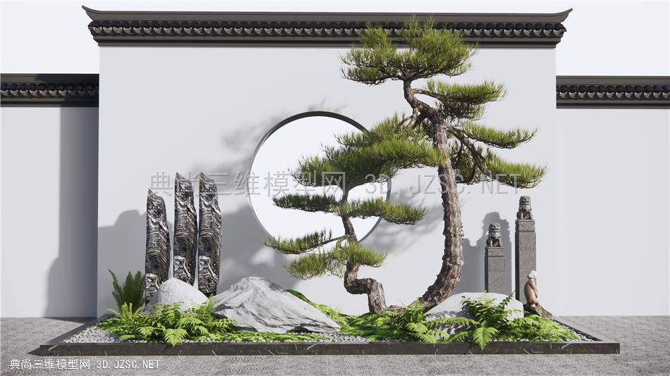 新中式庭院景观小品 景观石头 迎客松景观树 景墙 苔藓 植物景观