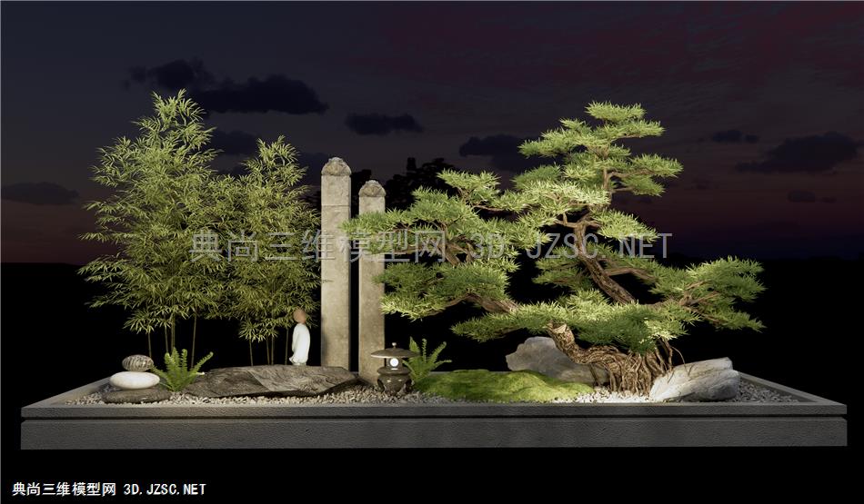 新中式庭院景观小品 石头松树水景 竹子假山