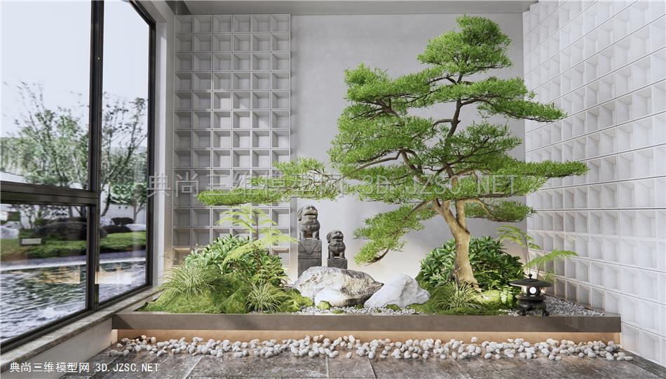 新中式庭院景观小品 植物景观 石头景石 松树 灌木绿植