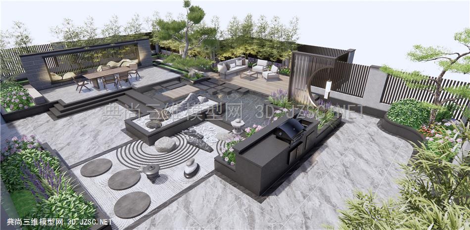 新中式庭院花园 屋顶花园 户外桌椅 户外沙发 景墙 石头 枯山石 松树景观树 竹子