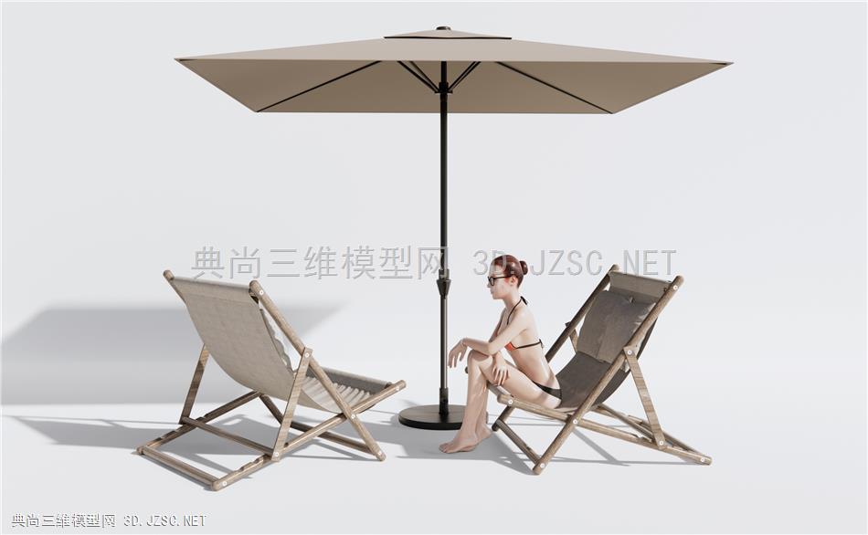 现代沙滩躺椅 比基尼美女 遮阳伞
