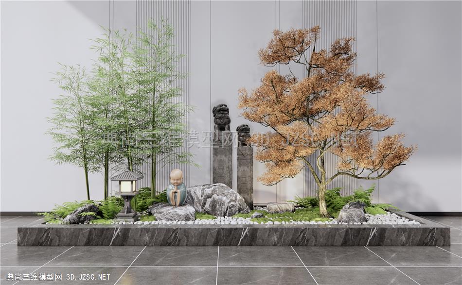 新中式庭院小品 石头景石 松树 植物景观 竹子 栓马柱 金星蕨植物