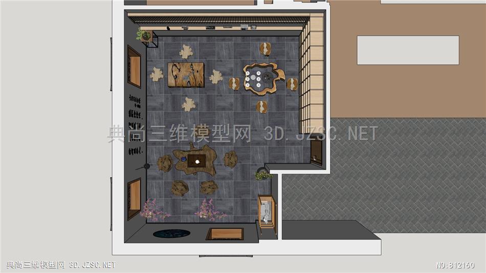 新中式茶室 茶壶 茶桌 柜子 艺术背景墙 (1)