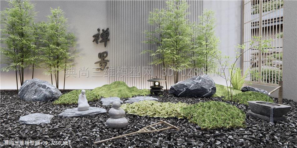 新中式禅意庭院景观小品 枯山水 石头 流水小品 苔藓植物 竹子
