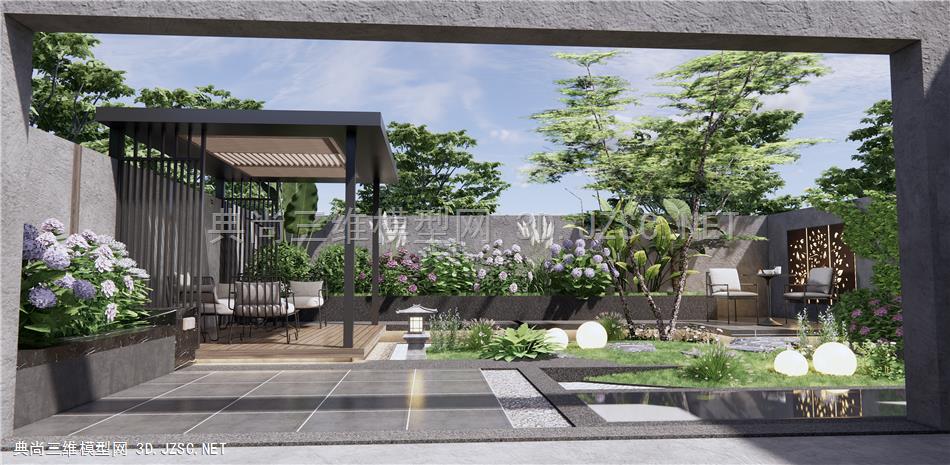 现代庭院花园 花卉 草丛 灌木绿植 户外桌椅 户外铁艺沙发 景观树