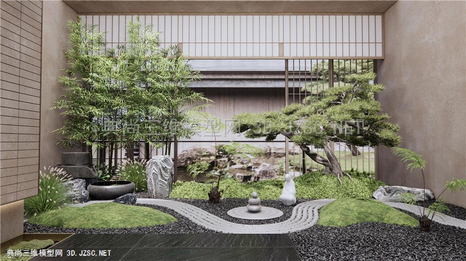 日式庭院景观小品 枯山水 禅意景观 石头 流水小品 松树 苔藓植物 竹子