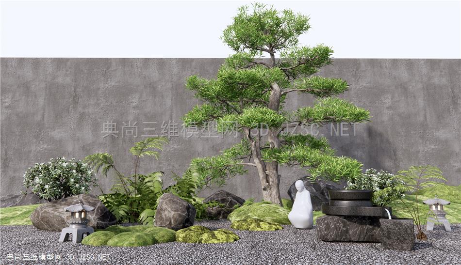 新中式庭院小品 石磨流水 枯山石 松树小品 石头 蕨类植物景观