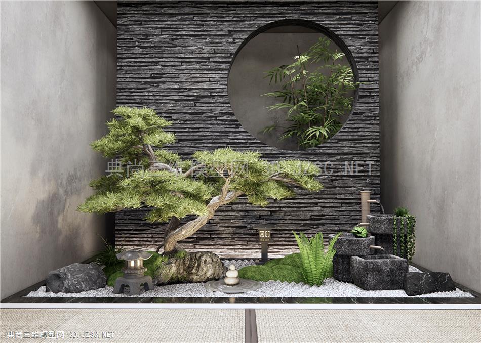 新中式庭院景观小品 室内景观小品 流水石磨 石头 景墙 松树景观