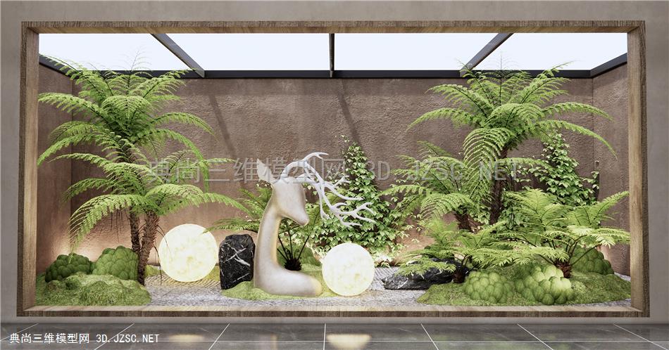 现代庭院植物景观小品 植物堆 蕨类植物 雕塑小品 藤爬植物 苔藓 石头