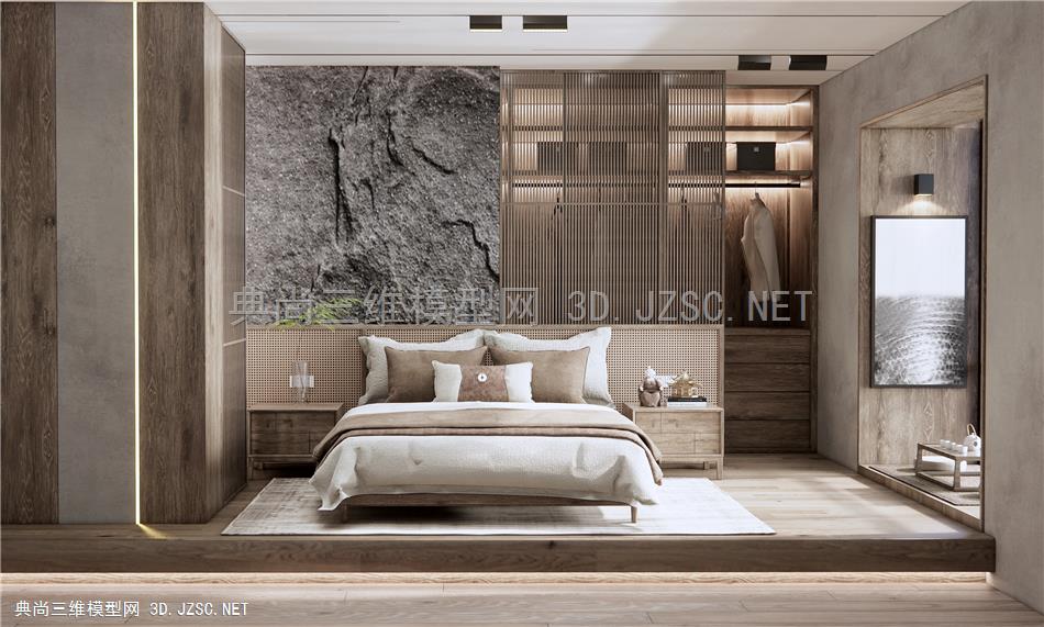 新中式卧室 双人床 茶桌椅 衣柜 石头背景墙