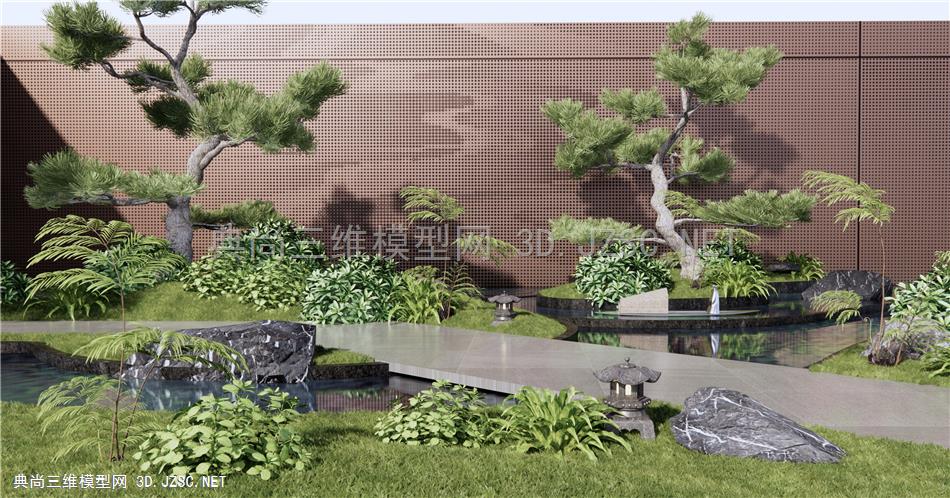 新中式庭院景观小品 示范区景观 景墙 水景 松树 灌木绿植