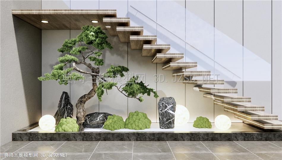 新中式楼梯间景观小品 黑石 苔藓植物 松树 植物景观小品