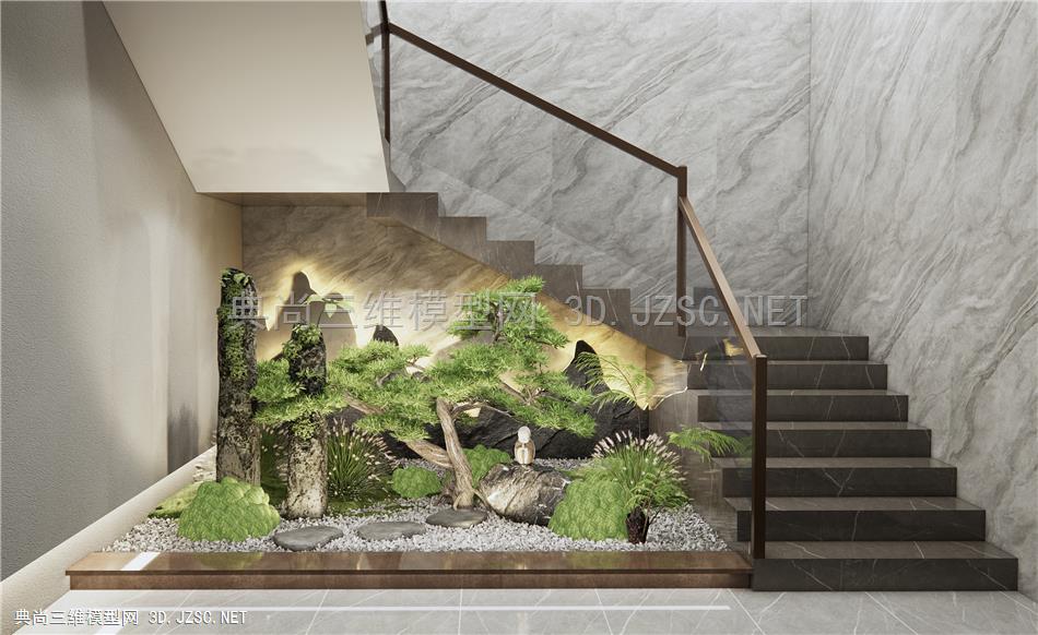 新中式楼梯间景观小品 禅意景观 石头假山 枯石 松树 苔藓植物