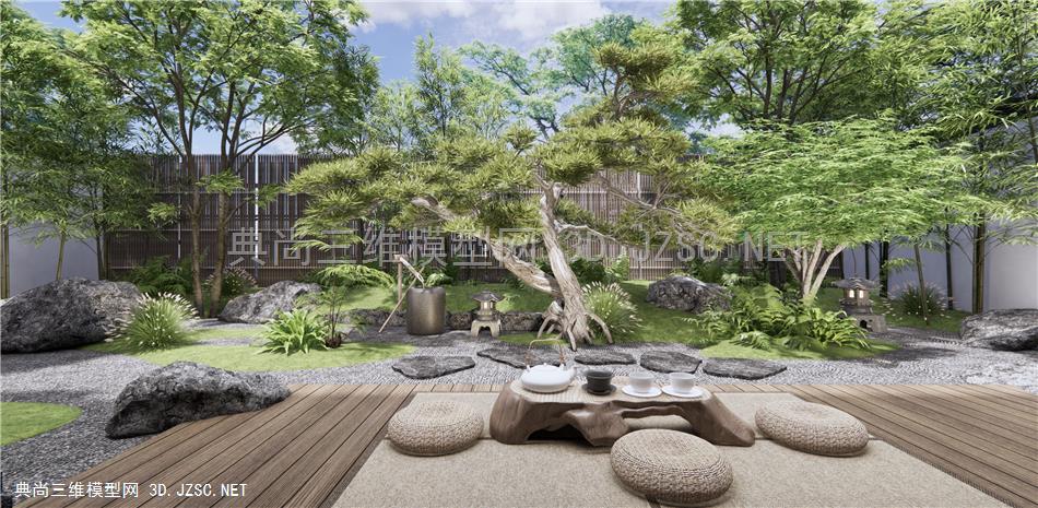 新中式庭院花园 禅意园艺景观 枯山水 石头 松树 茶桌椅 灌木绿植 蕨类植物
