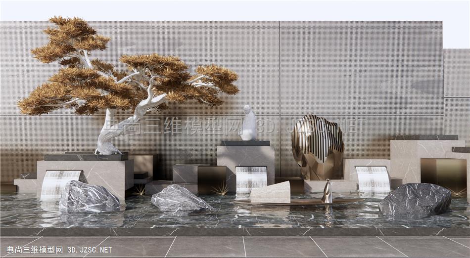 新中式跌水景墙 水景 示范区景观 雕塑小品 松树盆景 石头景石 雪浪石
