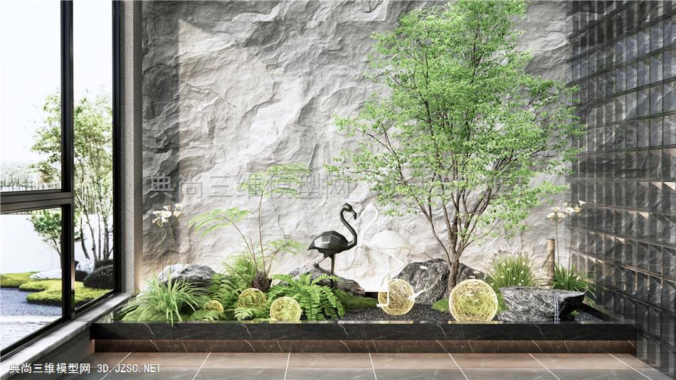 现代室内庭院小品 植物景观 水钵 蕨类植物 植物造景 石头 雕塑小品