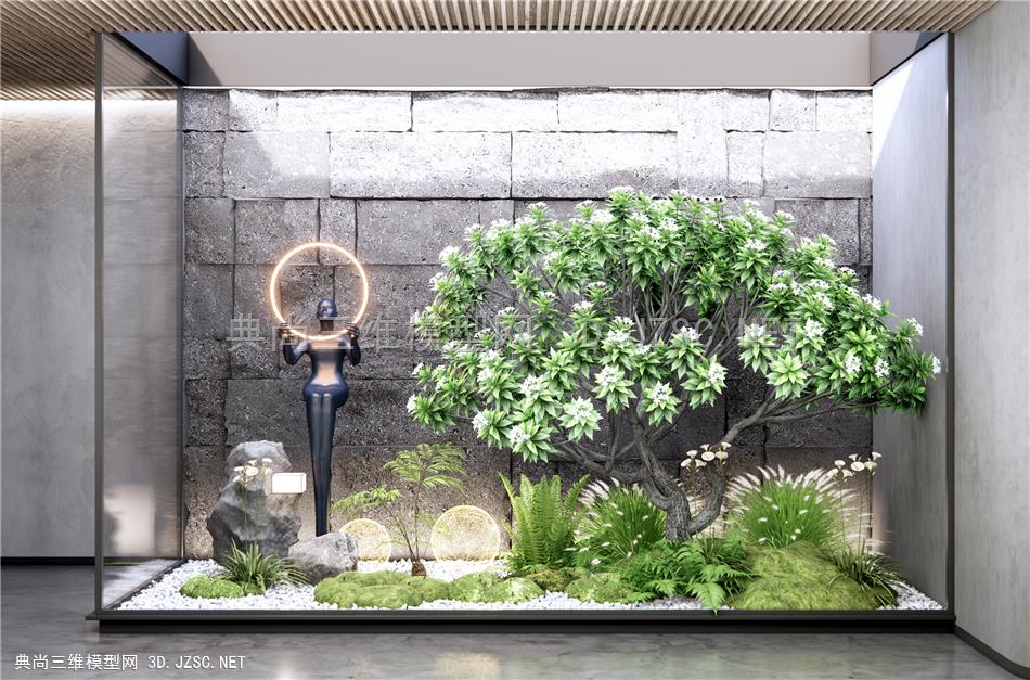 现代庭院小品 植物堆 室内植物景观 石皮墙 景观树 雕塑小品