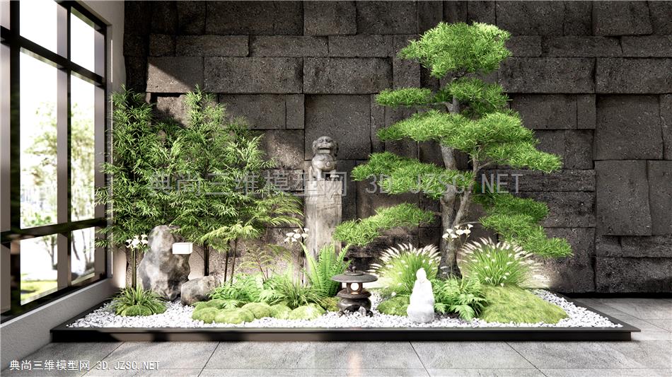 新中式庭院小品 植物堆 室内植物景观 石皮墙 景观树 松树 花草 狼尾草 肾蕨植物